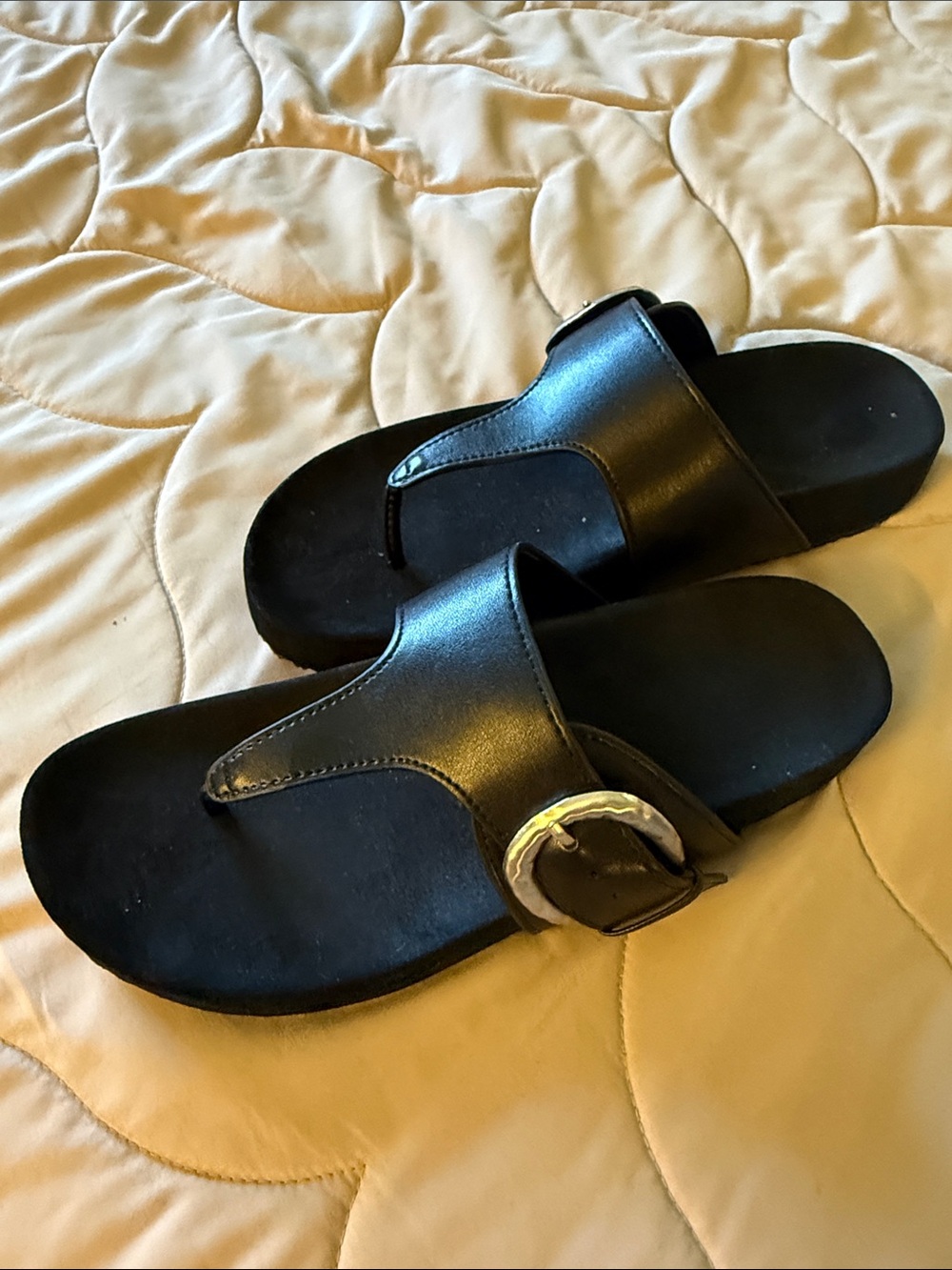 Style & Co. Black Leather Thong Slide Sandals with Silver Buckle